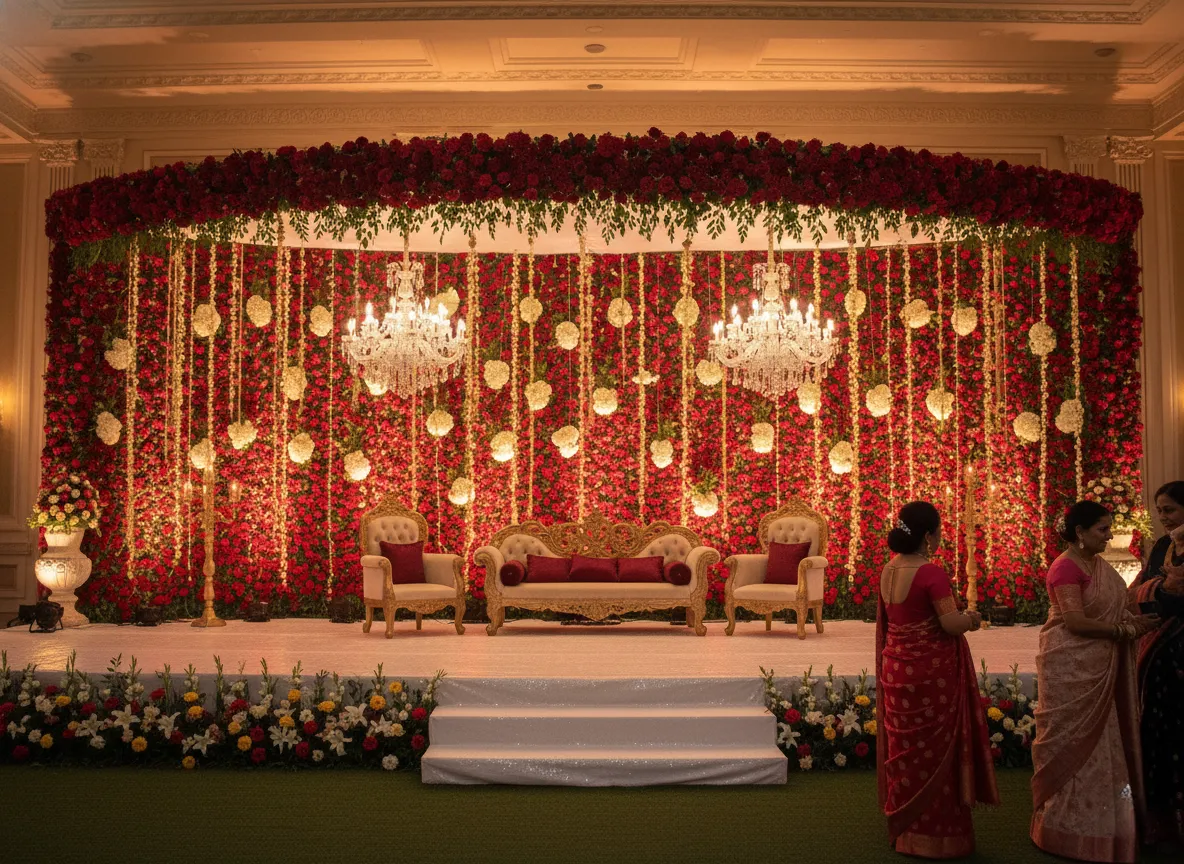 Traditional Indian wedding stage setup with flowers and lighting